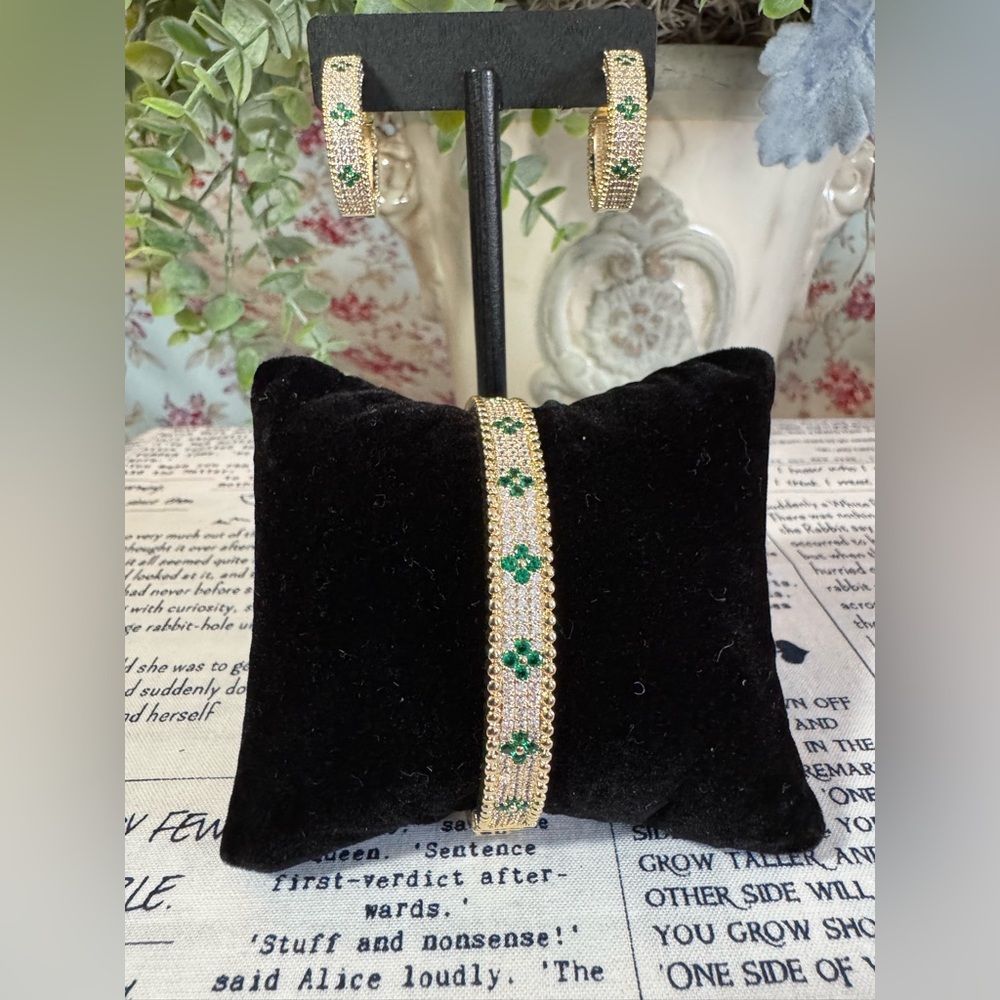 Stainless Steel Gold and Green Crystal Floral Bracelet and Earring Hoops